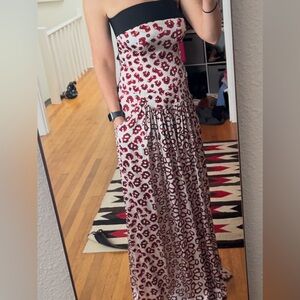 Strapless patterned Maxi Pantsuit in Red, Black and Cream